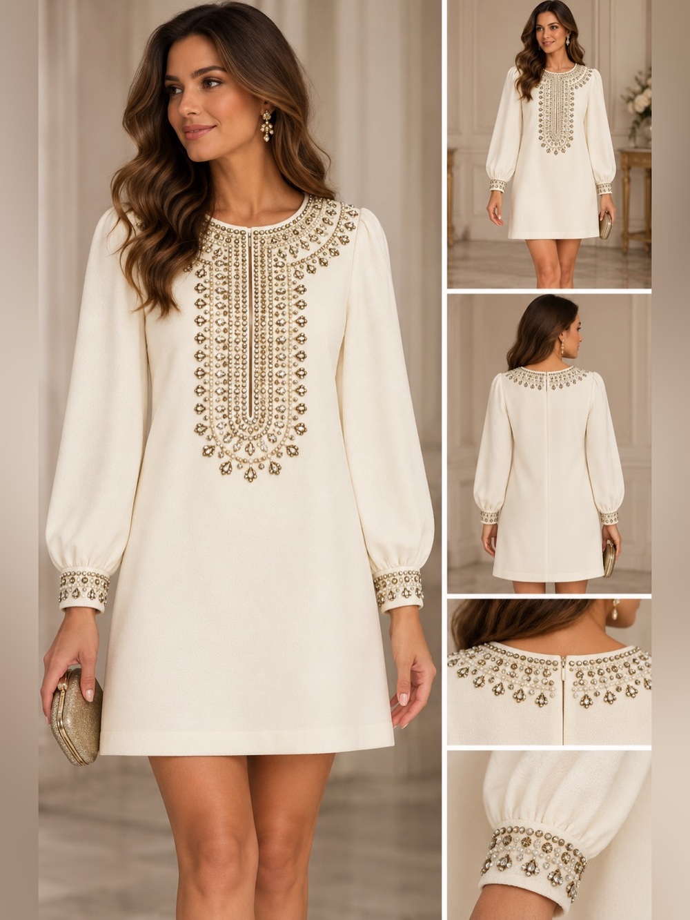NWT Trina Turk Beaded/Embellished Ivory Long-Sleeve Shift Dress Size 0